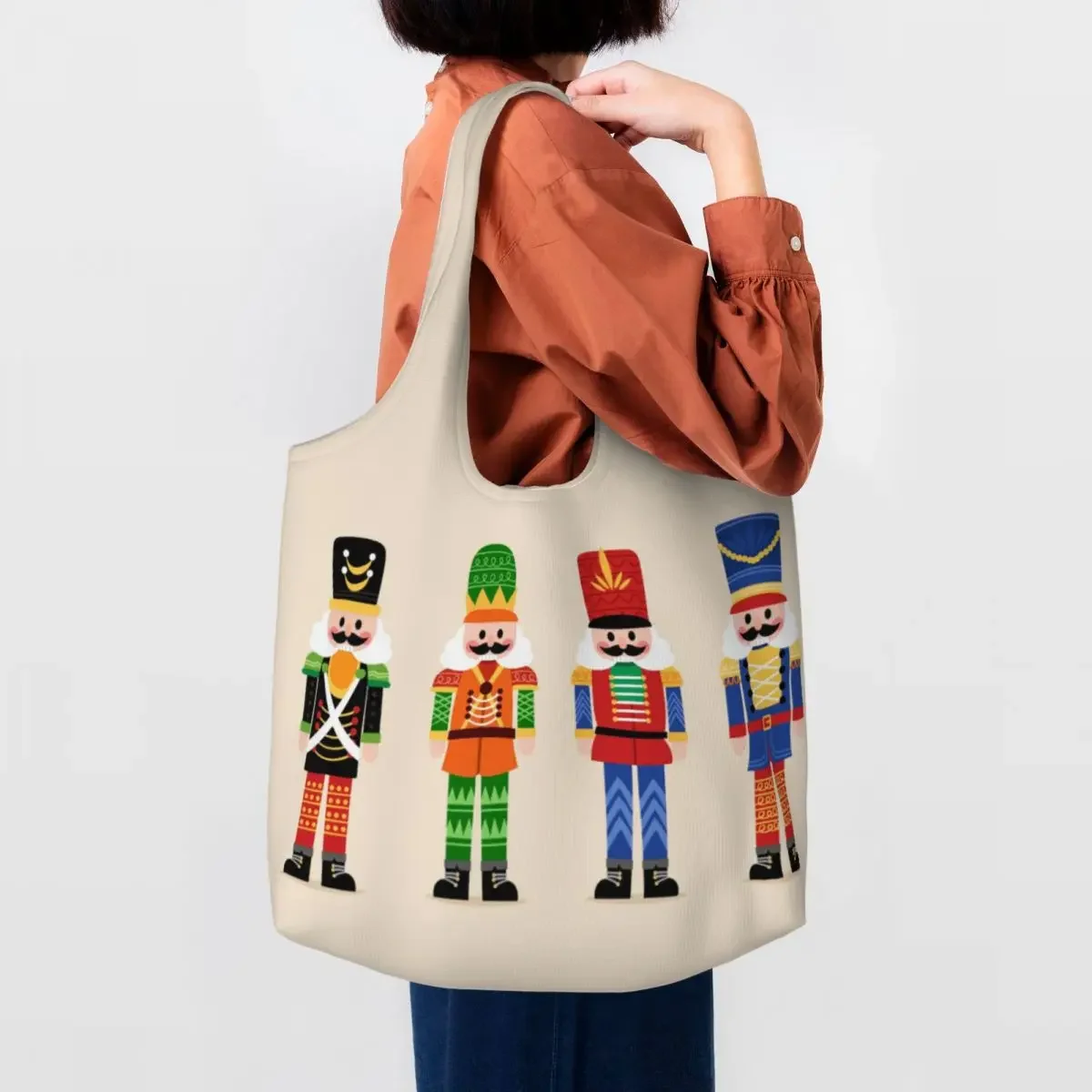 Recycling Cartoon Toy Soldier Christmas Nutcracker Shopping Bag Women Canvas Shoulder Tote Bag Portable Grocery Shopper Bags