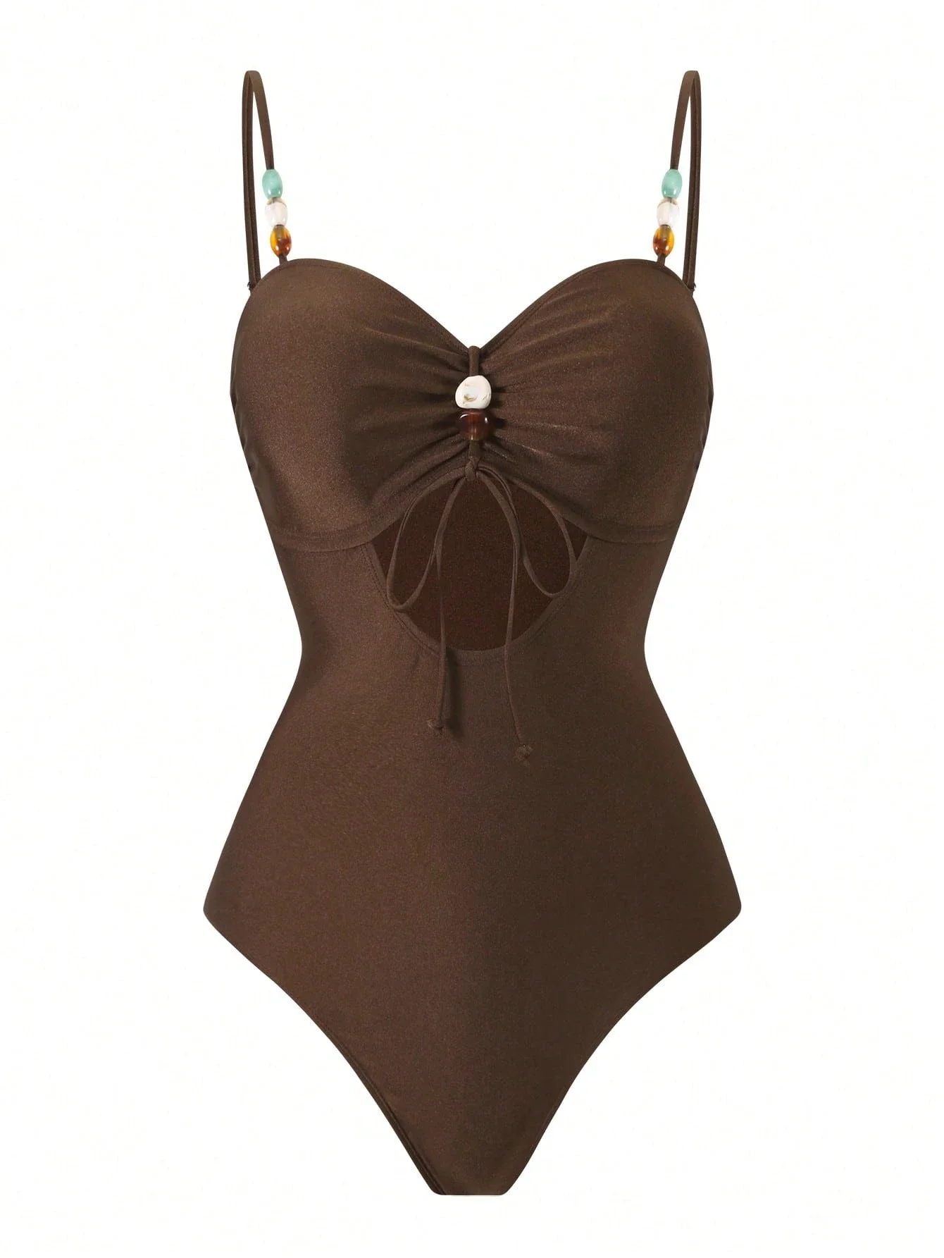 

Brown Beaded Spaghetti Strap Hollow-Out One Piece Swimsuit With Floral Cover Up