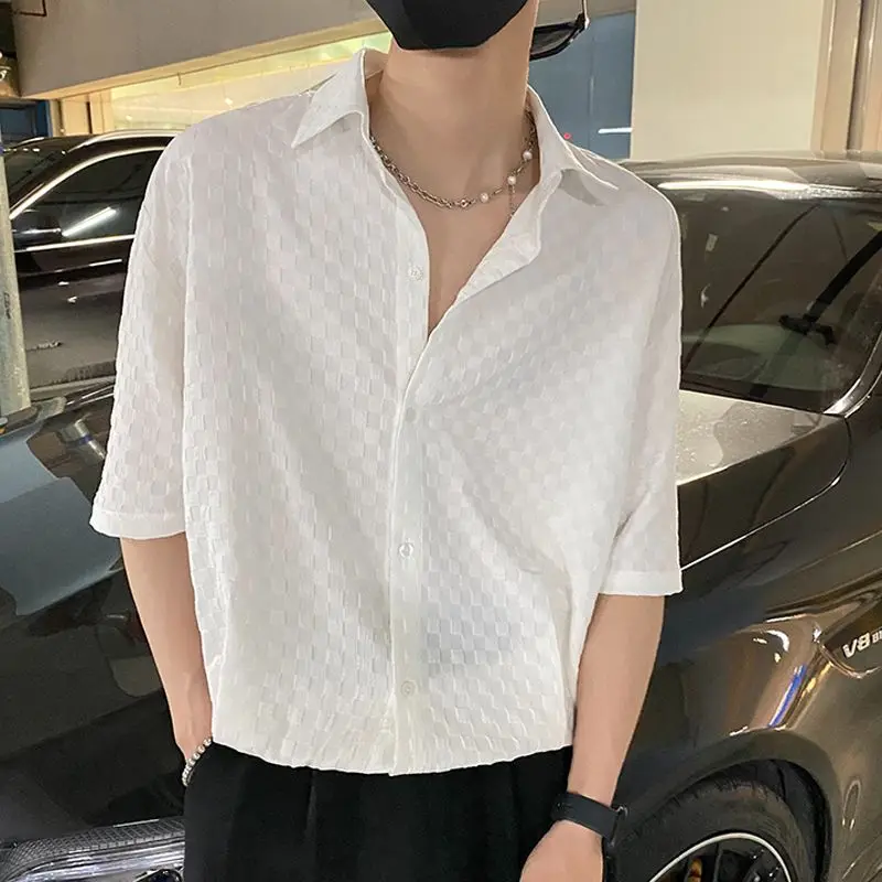 Fashionable Casual Screw Thread Solid Loose Shirts Button Temperament Turn-down Collar Men's Clothing 2023 Spring Summer Tops