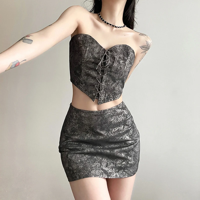 REDDACHiC Snake Scale Crop Top Mini Skirt Set Women Lace-up Corset Top Slim Fit Grayu Bodycon Skirt Y2k Music Festival Outfit