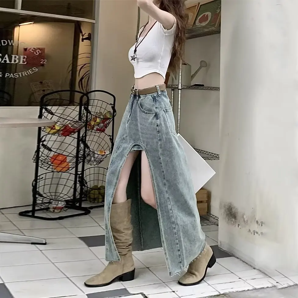 Jupe en jean irrégulière déchirée d'été pour femmes, nouvelle jupe mi-longue fendue rétro, taille haute, grande taille, vêtements féminins, Style de rue