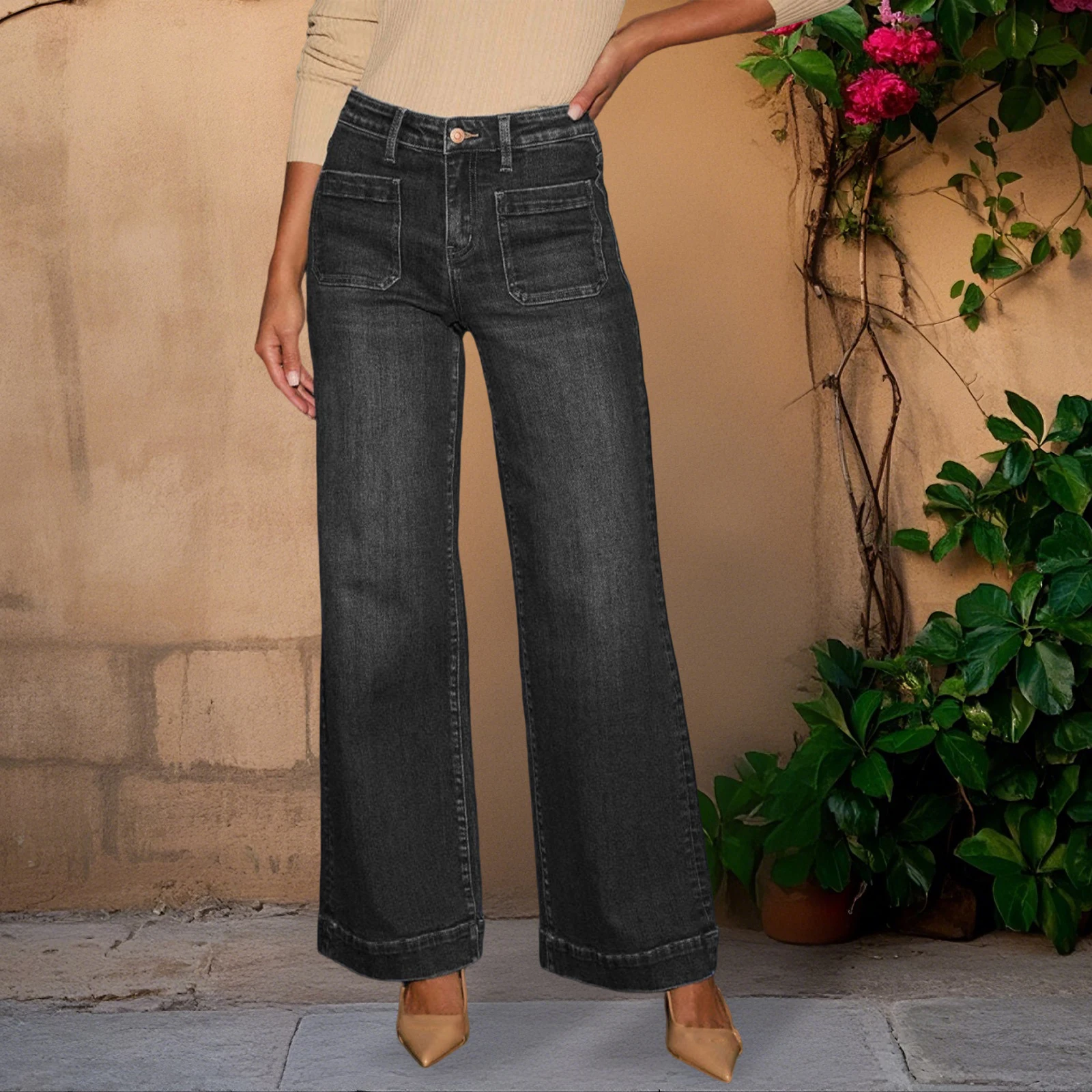 여성 와이드 레그 청바지 우아한 하이 웨이스트 솔리드 루즈 바지 포켓 포함 스트리트웨어