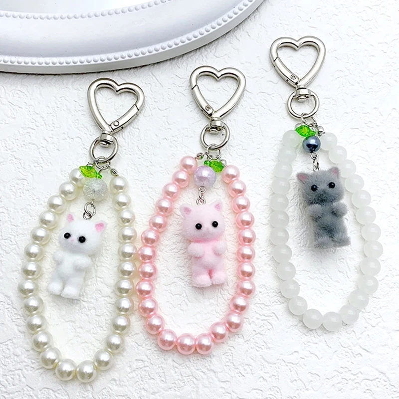 Cute Flocked Kitten Beaded Keychain Pendant Mobile Phone Lanyard Love Keyring Anti-lost Rope Backpack Charms Car Bag Decor Gifts