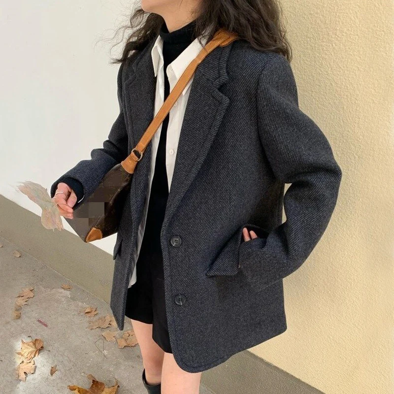 Retro Faux Woolen Blazer Women Fall Winter Casual Twill Thick Warm Loose Suit Coat Vintage Office Lady Button Outwear Tops New