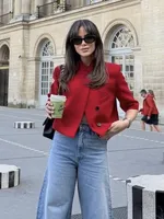 Women's Cropped Short Blazer New 2026 Spring Summer High-Neck Short Sleeve Button Simple Solid Women Coat Female Chic Tops - Image 3