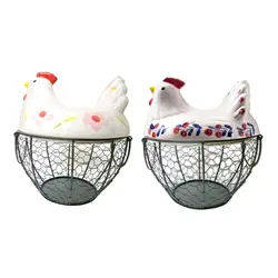 Chicken Egg Basket Cute Round with Ceramic Lid Organizer Case Chicken Egg Holder