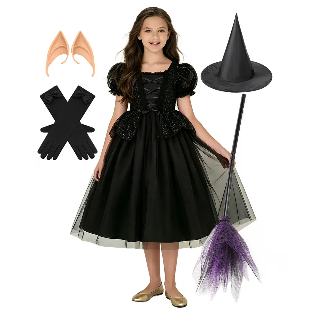 Disfraz de Bruja Exquisito para Niñas 2026, Uniforme de Mago del Bosque para Halloween, Disfraz de Cosplay para Niños, Vestido Sencillo de Princesa Negra para el Día de Todos los Santos