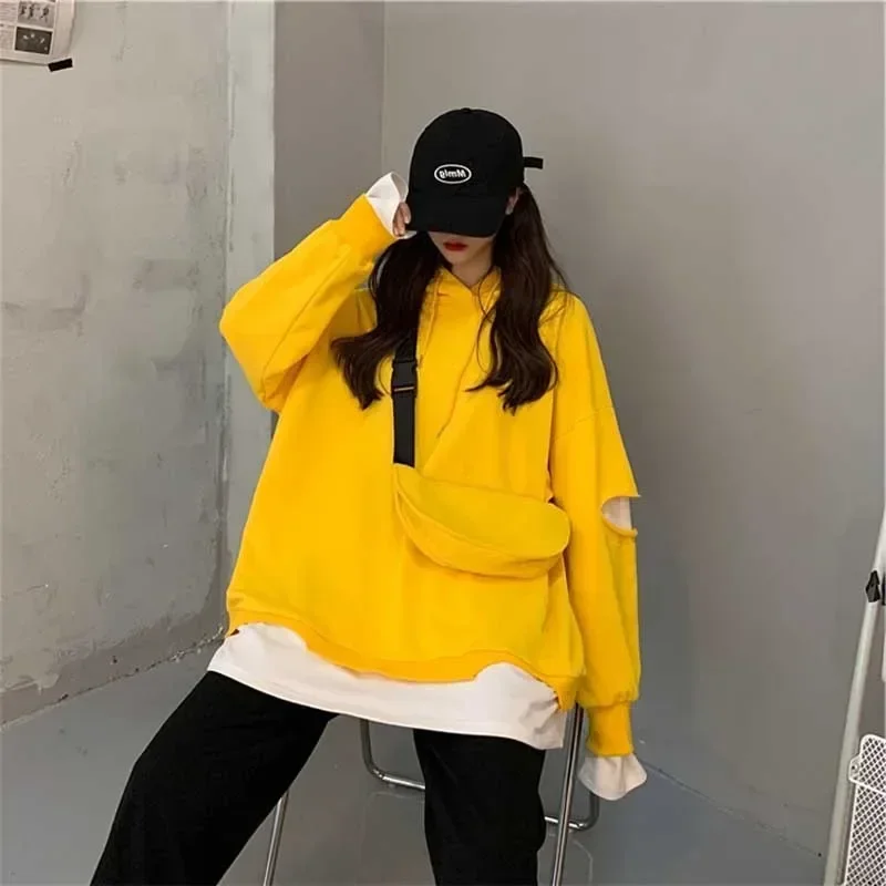 Spring New Lazy Style Fake Two Piece Tops Hoodies Loose Patchwork Pullovers Casual Fashion Women Clothing Korean Y2k