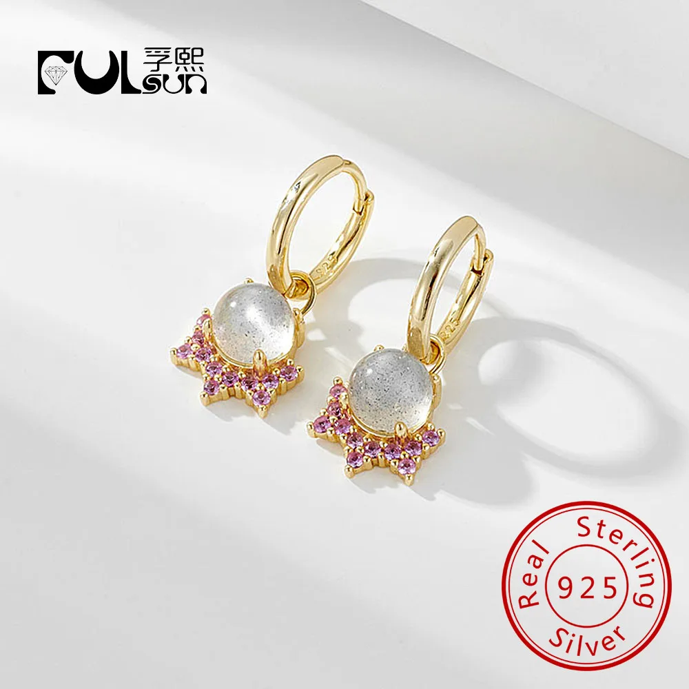 

Crown Zircon Gemstone Jewelry 14k Gold Plated 925 Sterling Silver Moonstone Drop Hoop Huggies Earrings for Girls Kids