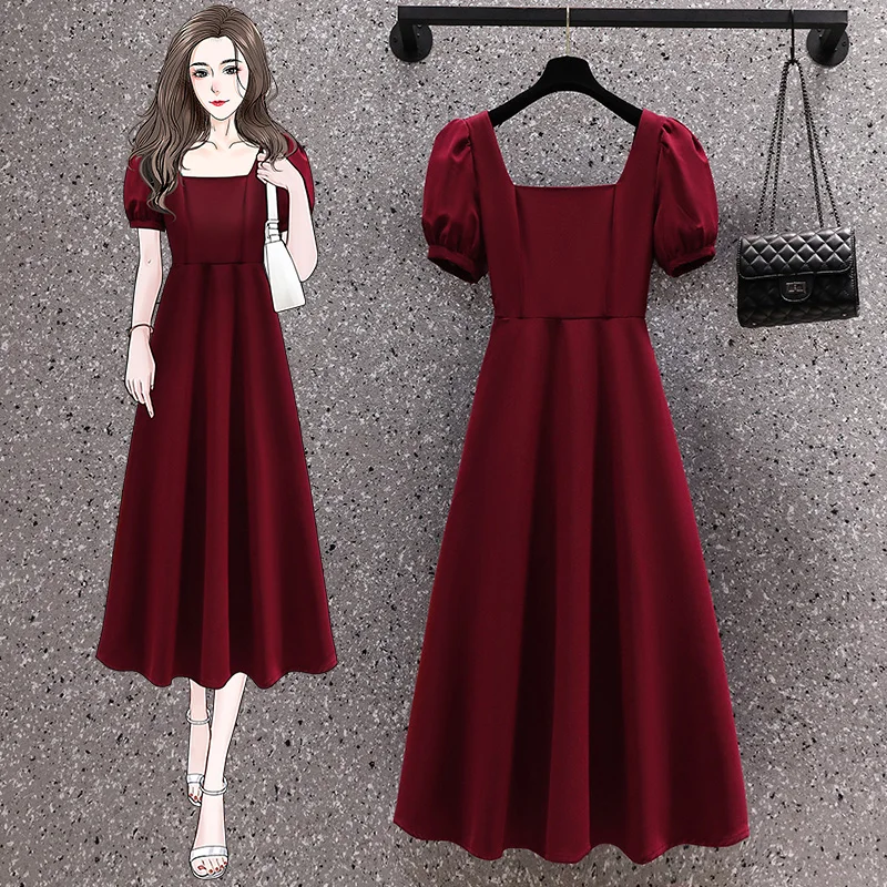 

Summer Red Women's Dress Bubble Sleeve Square Collar Elegant Slimming Large Size Fashionable Casual High Waist A-Line Skirt