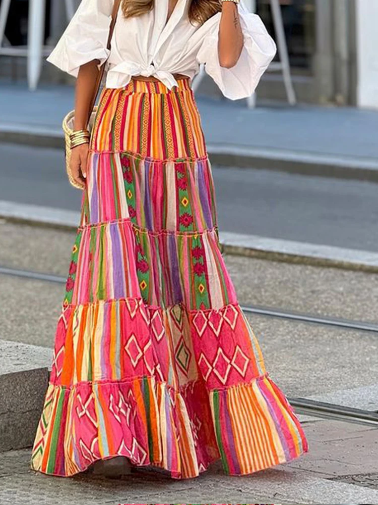 2024 High Waist Long Printed A-Line Skirt Floral Skirt Women Casual Beach Faldas Female Boho Elastic Waist Holiday Maxi Skirts