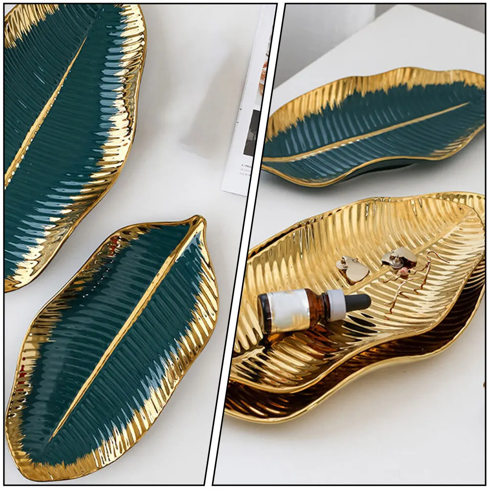 1Pcs Gold Edge Ceramic Leaf Shape Jewelry Tray Decorative Jewelry Storage Plate Delicate Design Fruits Tray Fruits Plate