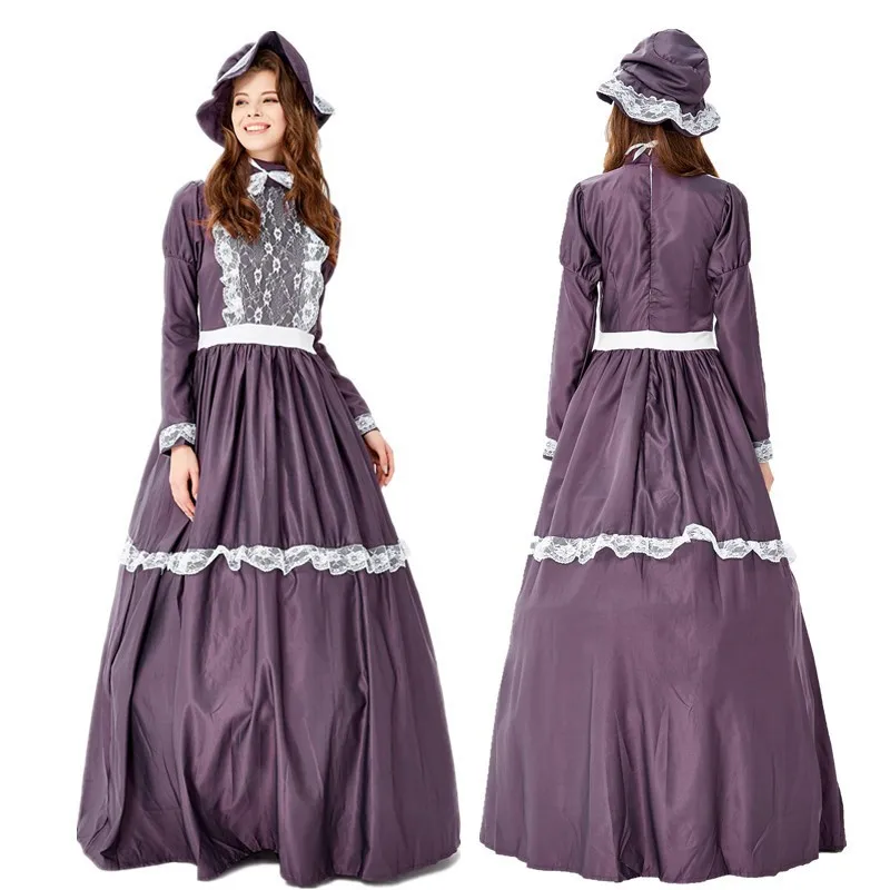 

Purple Renaissance Dress with Aristocratic Hat Court Retro Dress Lace Lady Princess Queen Costume Long Victorian