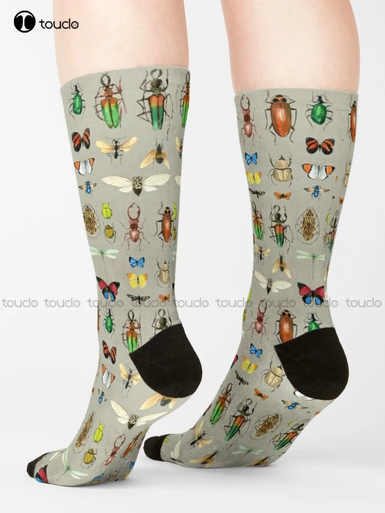 The Usual Suspects - Insects On Grey - Watercolour Bugs Pattern By Cecca Designs Socks Brown Socks Unisex Adult Teen Youth Socks