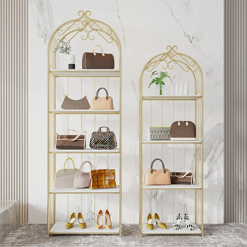 

Clothing store bag display rack Floor-to-ceiling window Gold multi-layer shoe Light luxury shoe and bag rack Display r