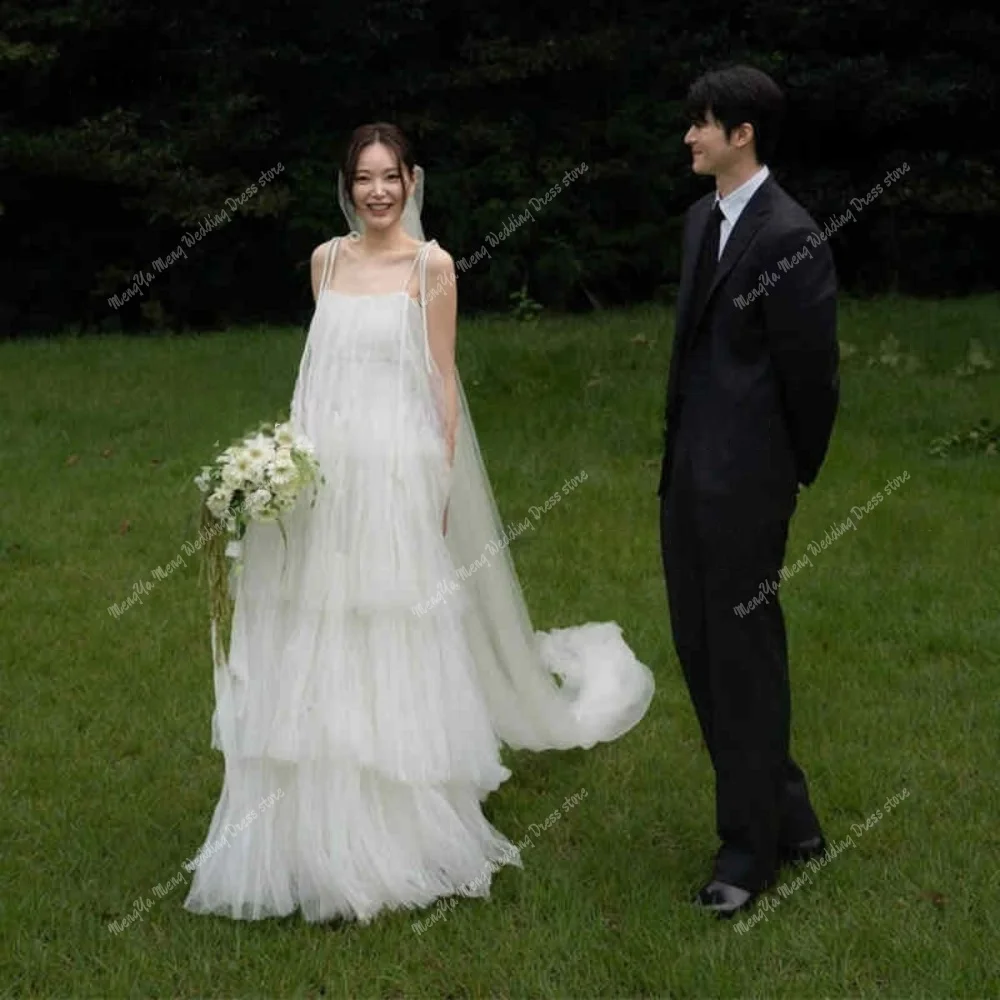 Abiti da sposa lunghi fino al pavimento in tulle a strati morbidi personalizzati Corea Servizio fotografico senza spalline Abito da sposa Vestido De Noiva 2025