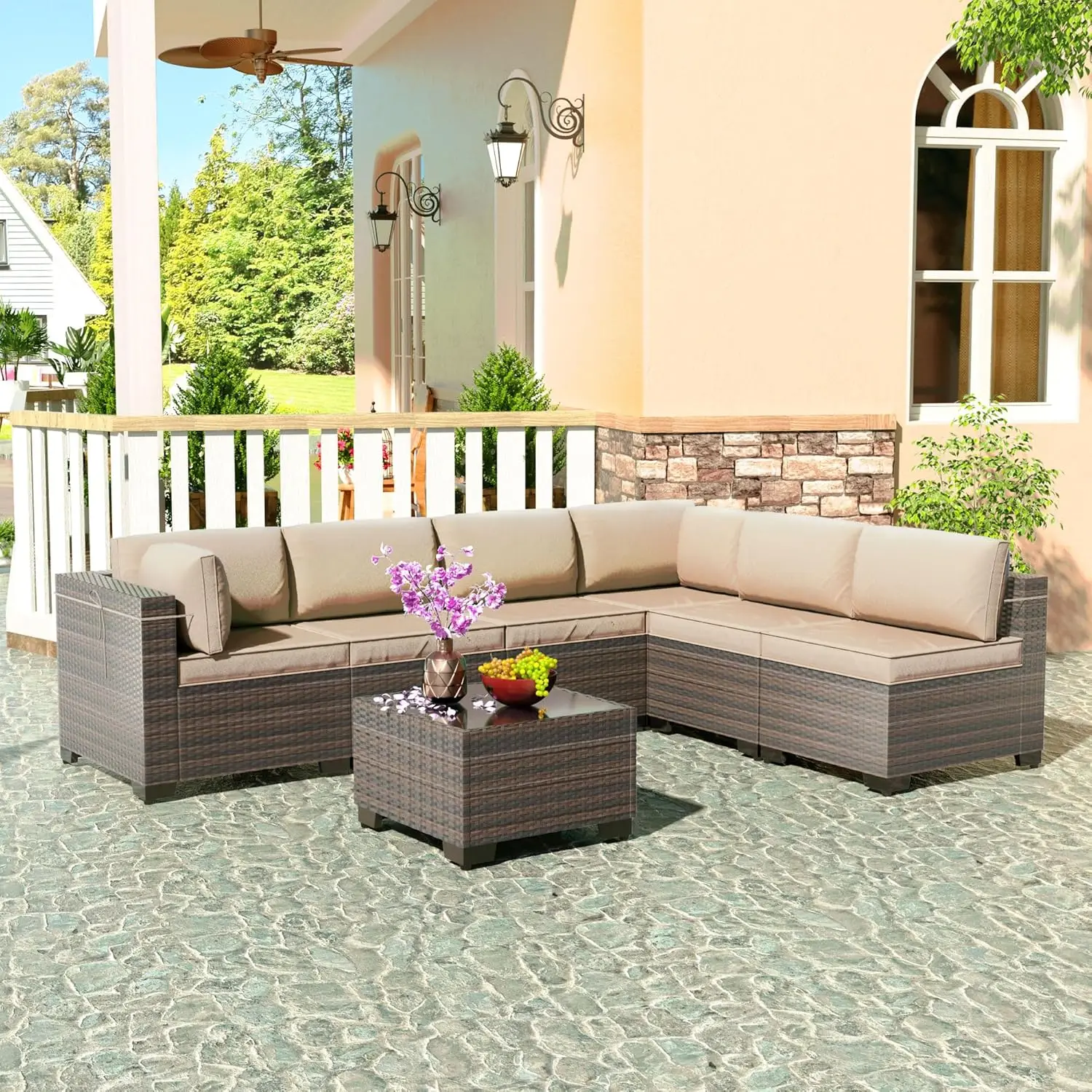 Furniture Sets Outdoor Conversation Sofa Set, All-Weather High Rattan Wicker Furniture Patio Sofa w/Tempered Glass Top Table