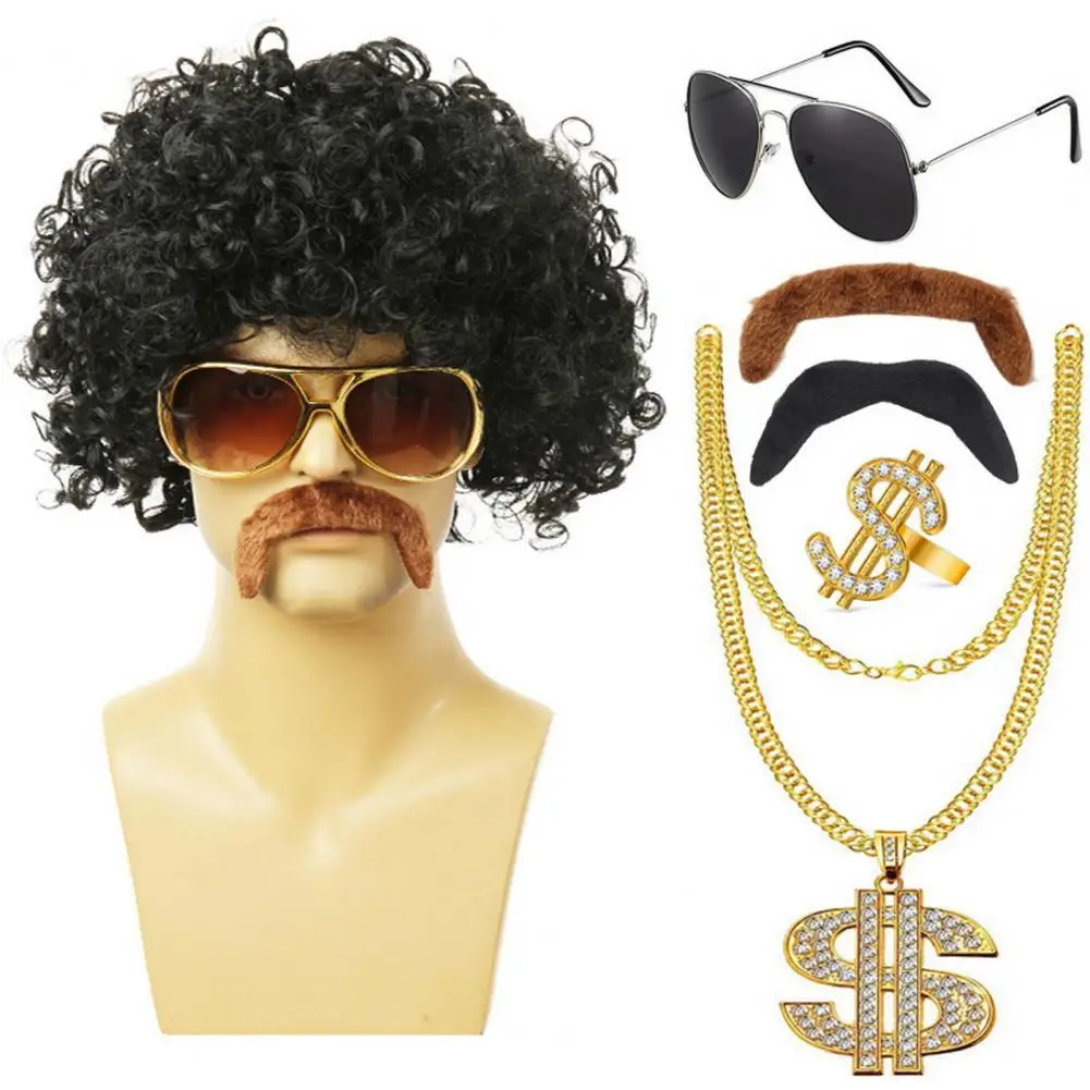 Wig Dress Up Set Necklace Ring Sunglasses Fake Moustache Vintage 80s Cosplay Party Disco Costume Photo Prop Performance Curly Wi