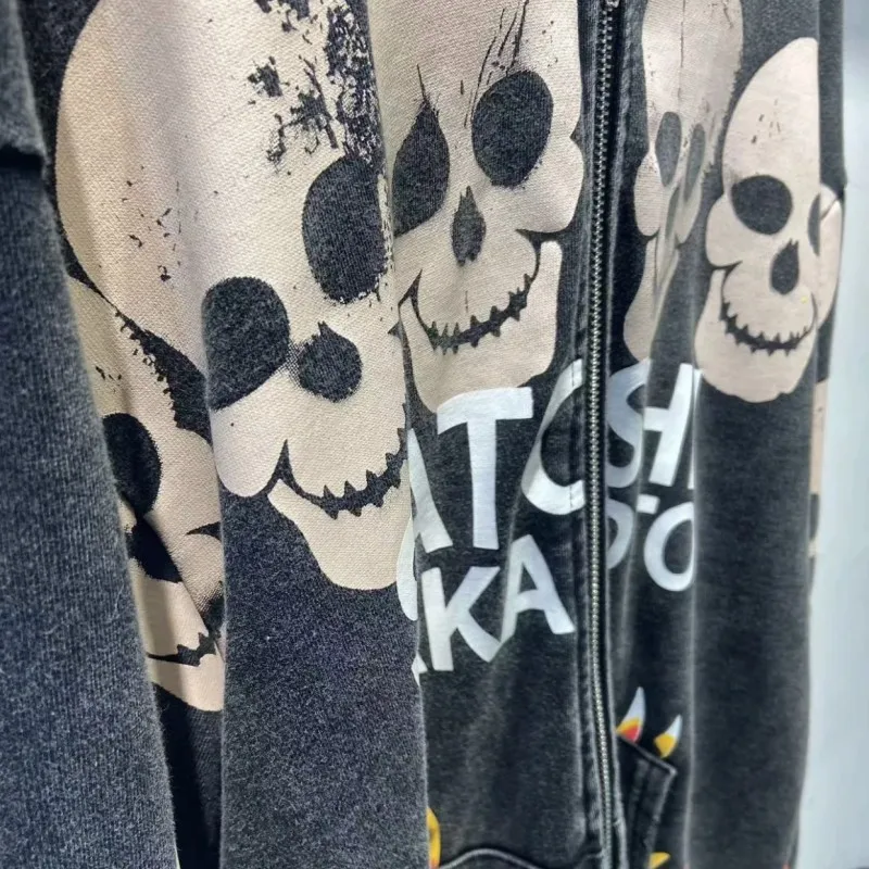 Asian Code Hiphop Street Distressed Washed Worn SATOSHI Zip-up Hoodie Flame Skeleton Vintage Faded Print Jacket Men Women Outfit