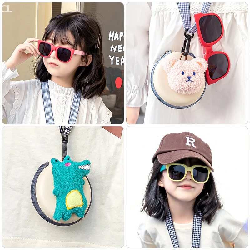 Красочные складные детские солнцезащитные очки для мальчиков и девочек, квадратные очки, уличные солнцезащитные очки, детские очки UV400, портативная сумка-коробка с лямкой на шее