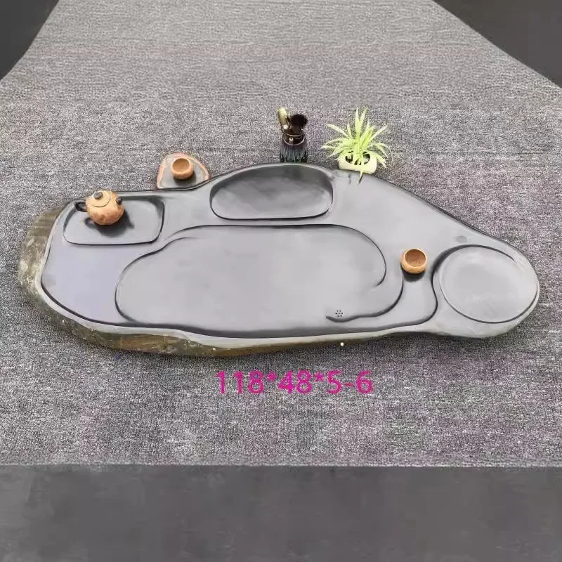 Natural inkstone plain surface tray retro sea wool stone  set gold skin black stone tea table