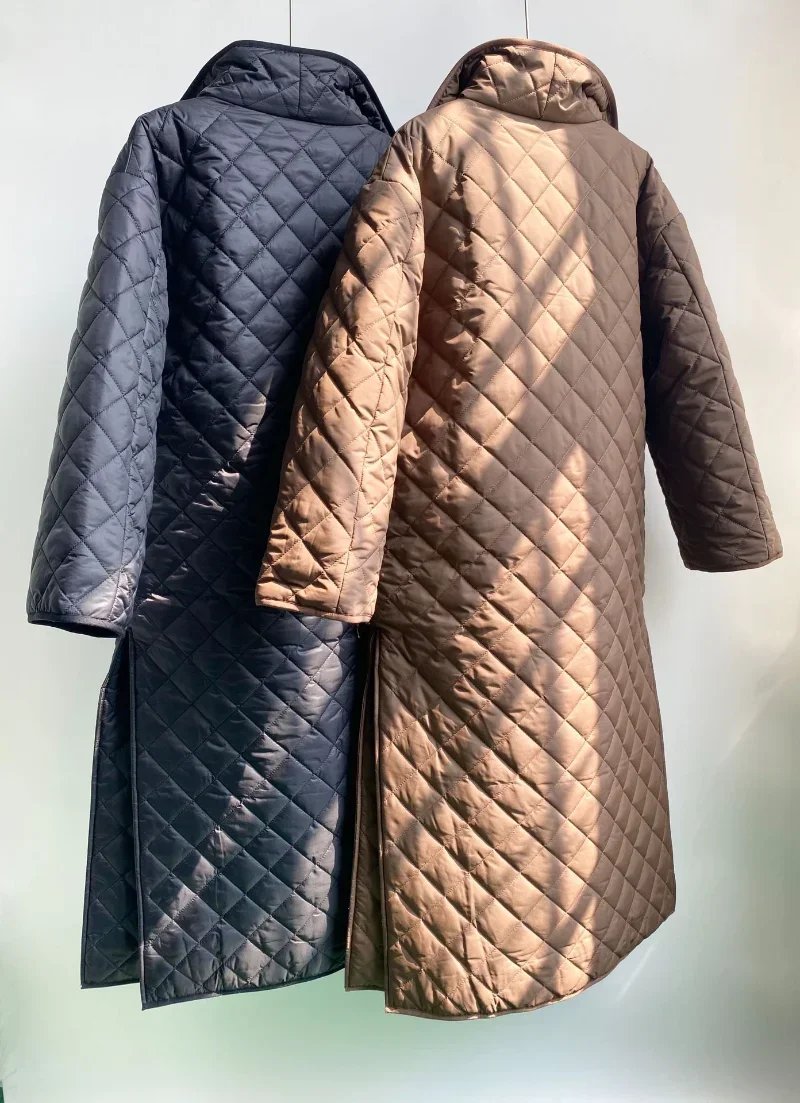 2022 Winter Niche Design Thickened Large Lapel Cotton Jacket Quilted Diamond-shaped Long Coat Women Parkas