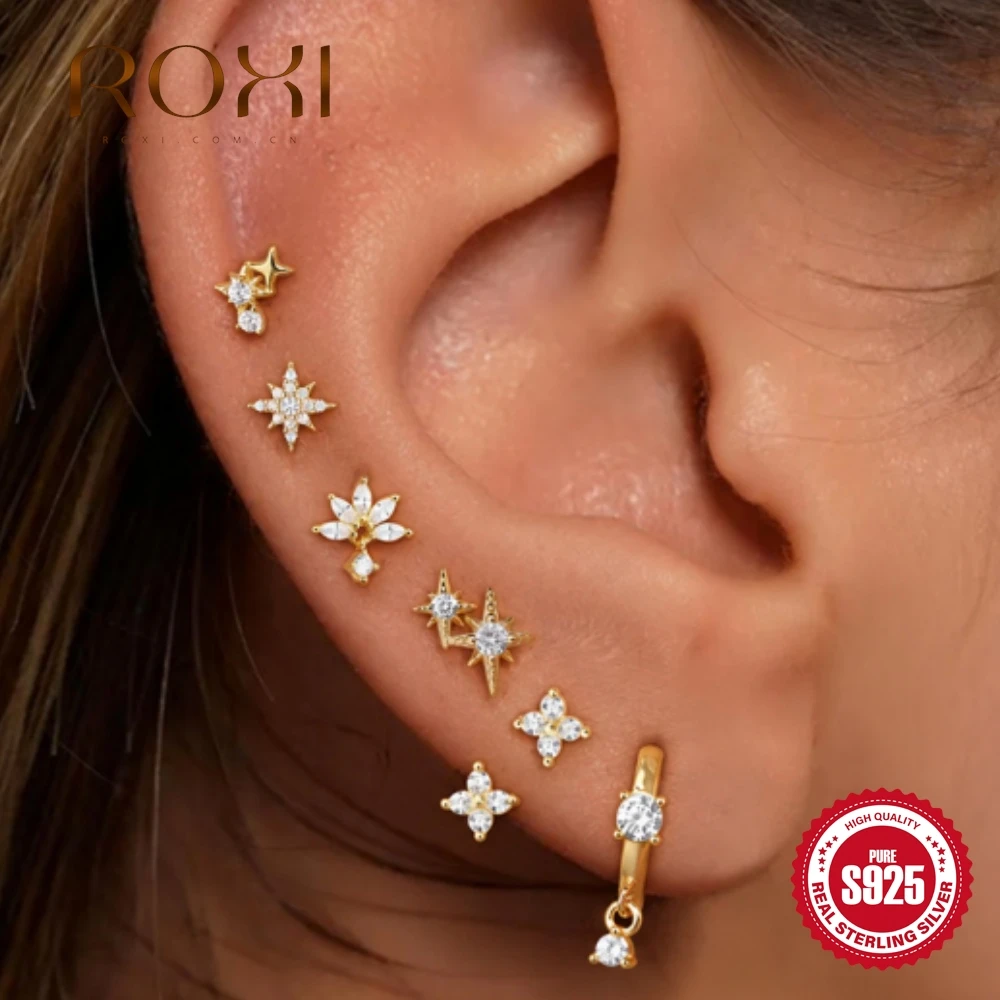 ROXI 1PC S925 Silver Zircon Cartilage Piercing Earring Starburst Four-leaf Clover Floral Dainty Hypoallergenic For Women Gift
