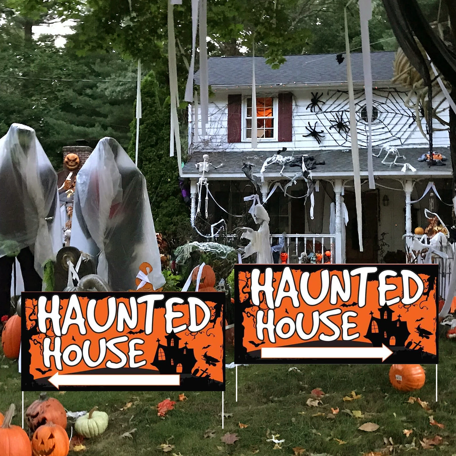 Haunted House Sign Directional - Includes Even Number of Right & Left Arrows Welcome Happy Halloween Yard Sign Home Outdoor Lawn