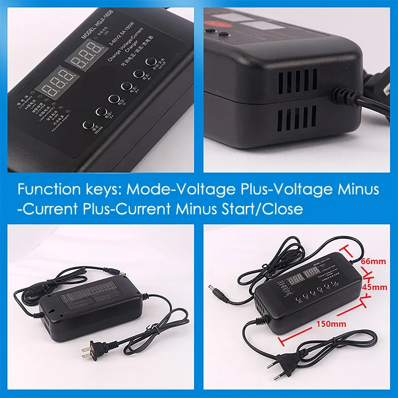 3V-60V 150W Screen Display Adjustable Power Adapter Charger for Lthium Battery/ Lithium Iron Phosphate/Lead Acid Battery