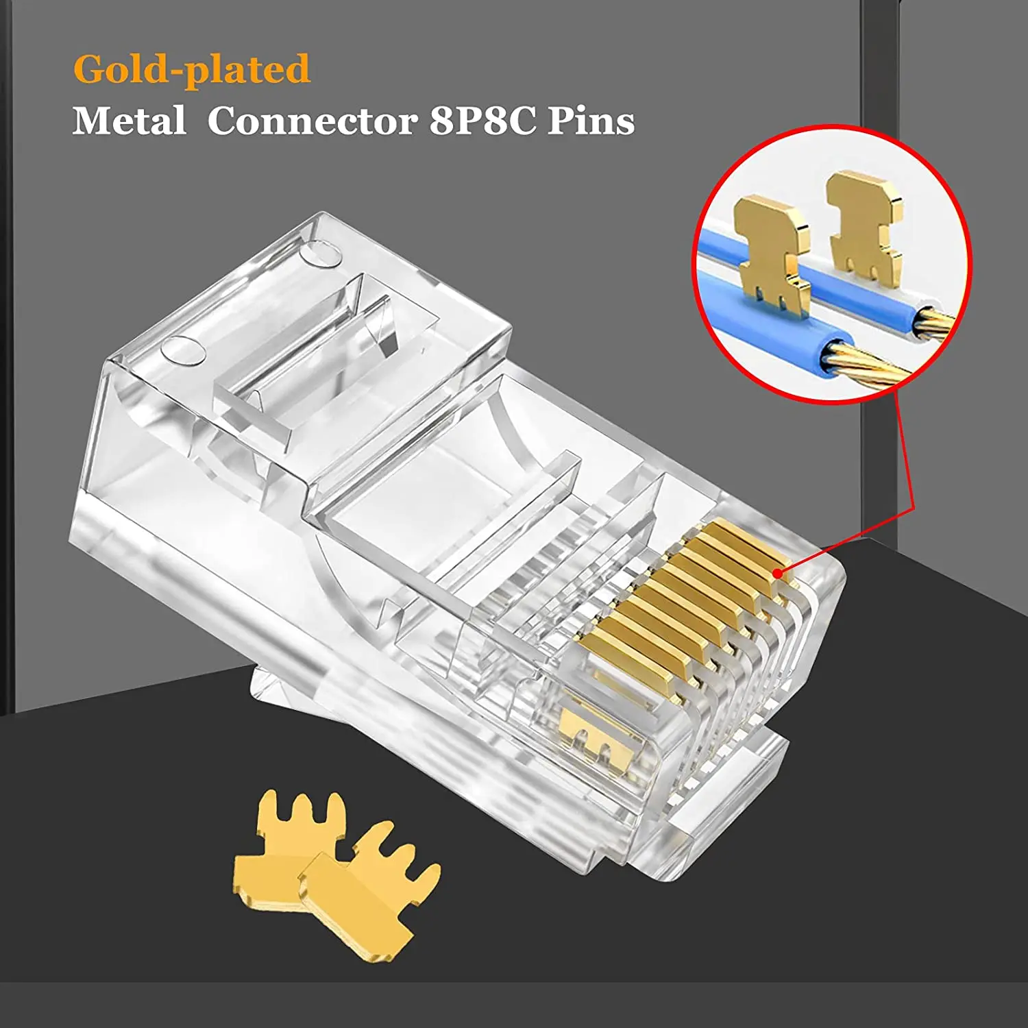 100 Pieces RJ45 Connector Ends Ethernet Pass Through Plug Gold Plated Modular Plug 8P8C Cable Heads for Network CAT5 LAN