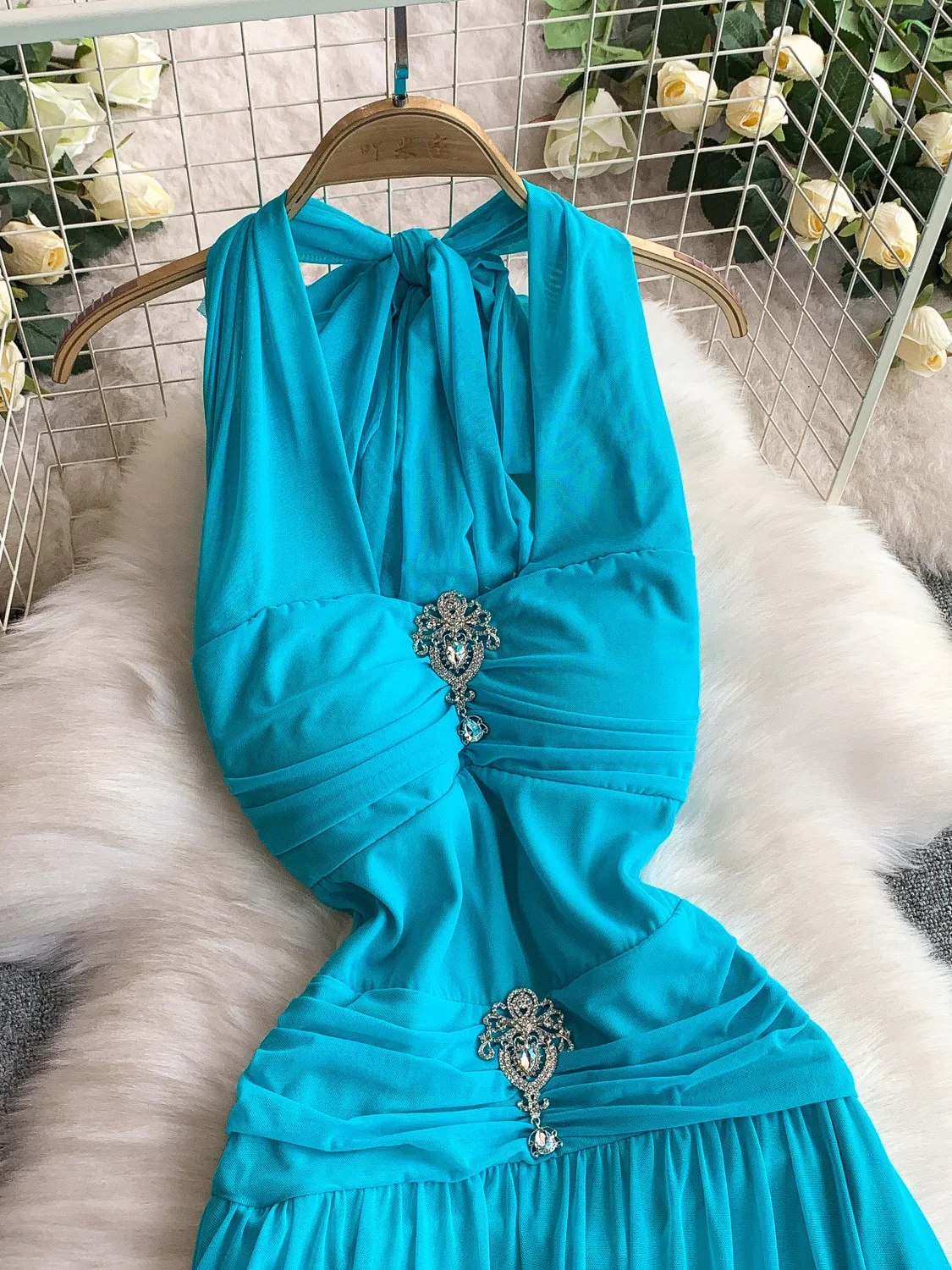 Ele bleu Long Dr femmes été Vaion Sle diamant décoré taille cintrée fée a-ligne Dr coréen Sle