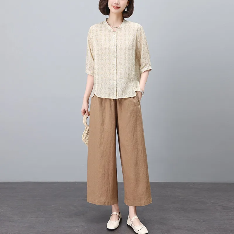 طقم مكون من قطعتين من السراويل ذات الساق الواسعة من القطن والكتان للأم الصيفية، ملابس كاجوال مريحة تسمح بمرور الهواء للنساء #3