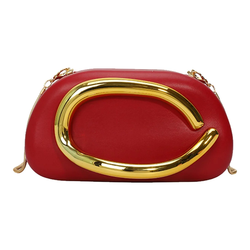 Fotografia 6: Bolsa feminina de couro pu com alça de metal e corrente, decoração de metal, bolsa de noite, bolsa de mão de ombro para jantar à noite