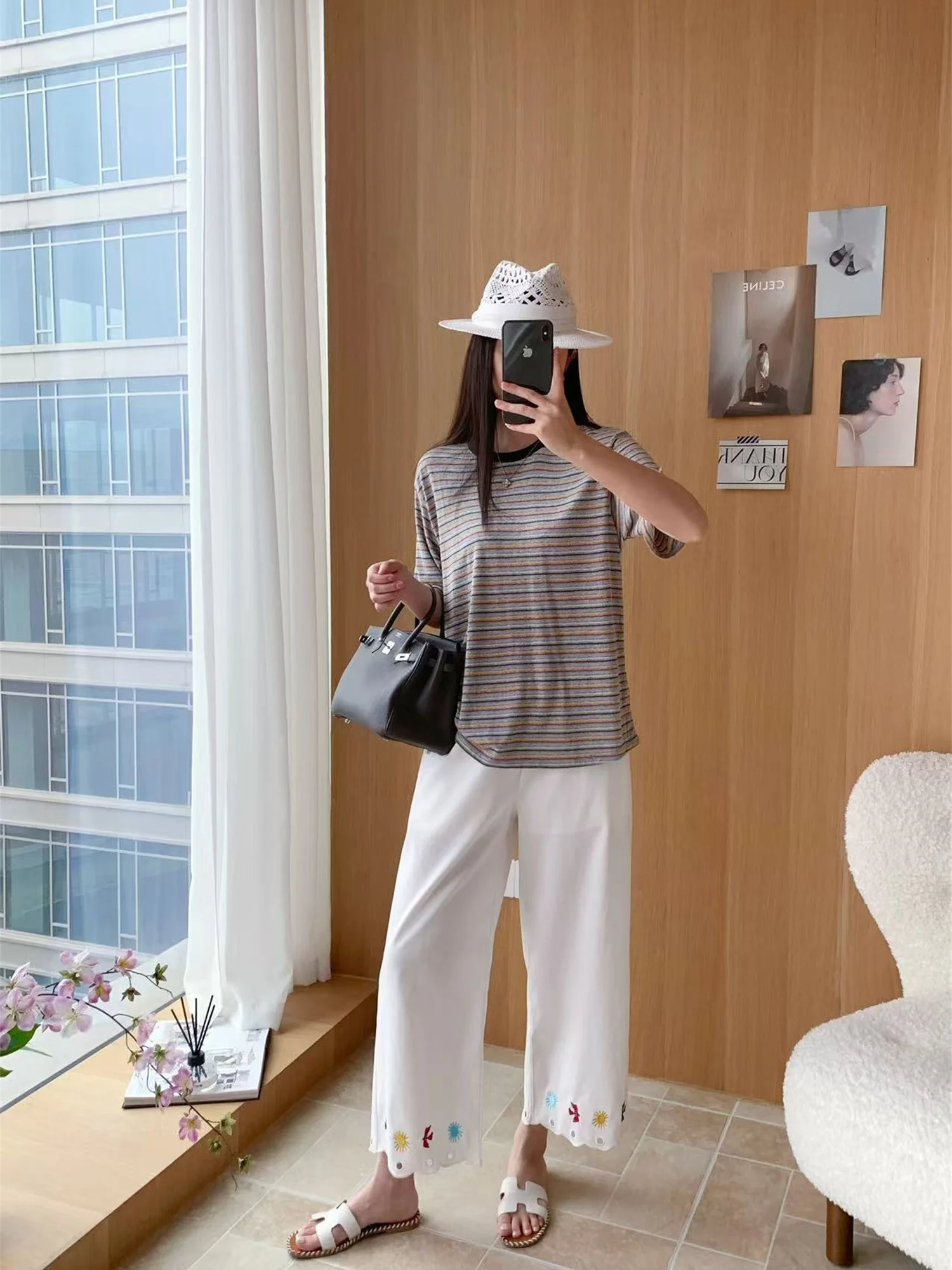 

Retro Han Han Linen Silk Blend Striped Short Sleeve T-Shirt Breathable Comfortable Women's Loose Fit round Neck TeeD2