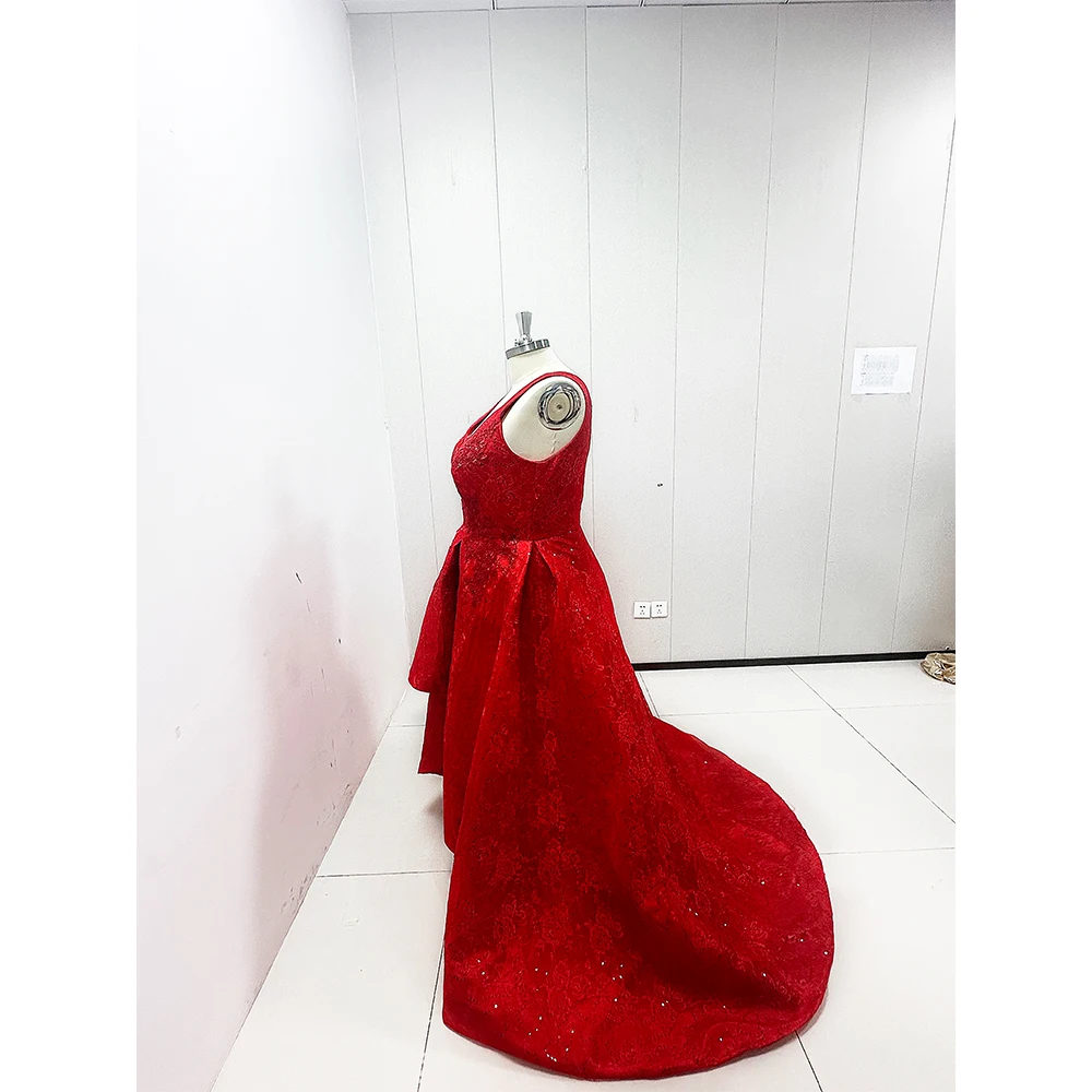 Red Lace Women Evening Dresses Fashion V-Neck Sequined Appliques A-Line Prom Gowns Pleat High/Low Sweep Train Prom Dresses