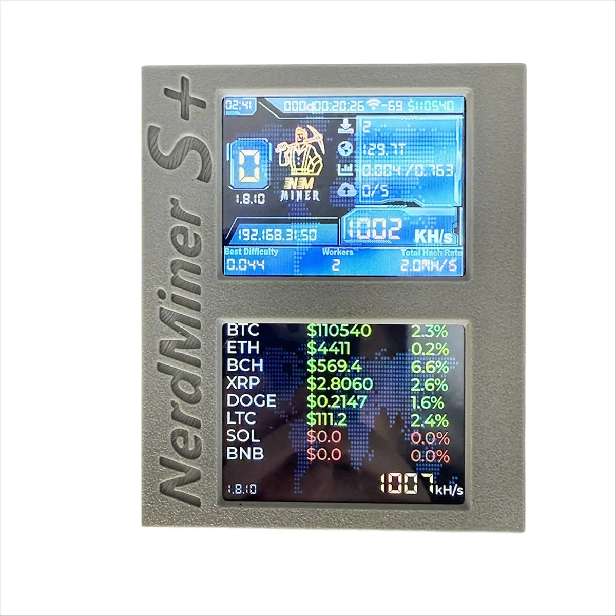 Nerdminer S + Solo Miner شاشات مزدوجة 2X1060KH/S تعدين/وقت/سعر العملة عرض BTC Crypto Miner + حامل ثلاثي الأبعاد