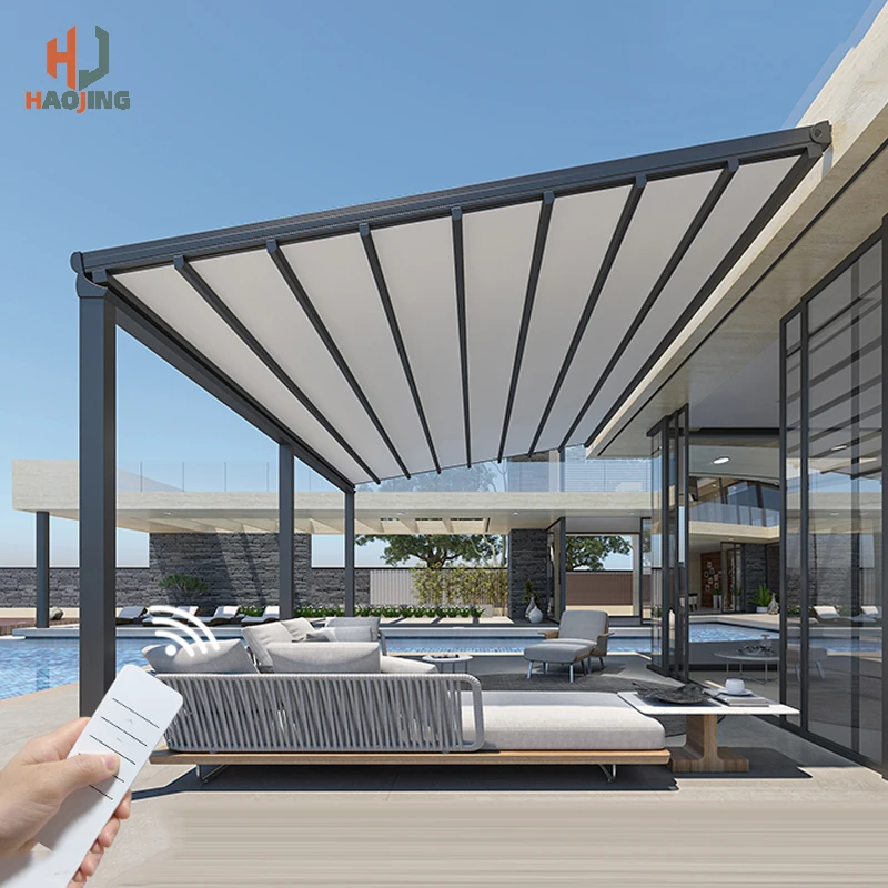 Gazebo de jardín con techo de tela, pabellón de aluminio 6x3 6x6, pérgola metálica con techo solar eléctrico retráctil automático, personalizable.