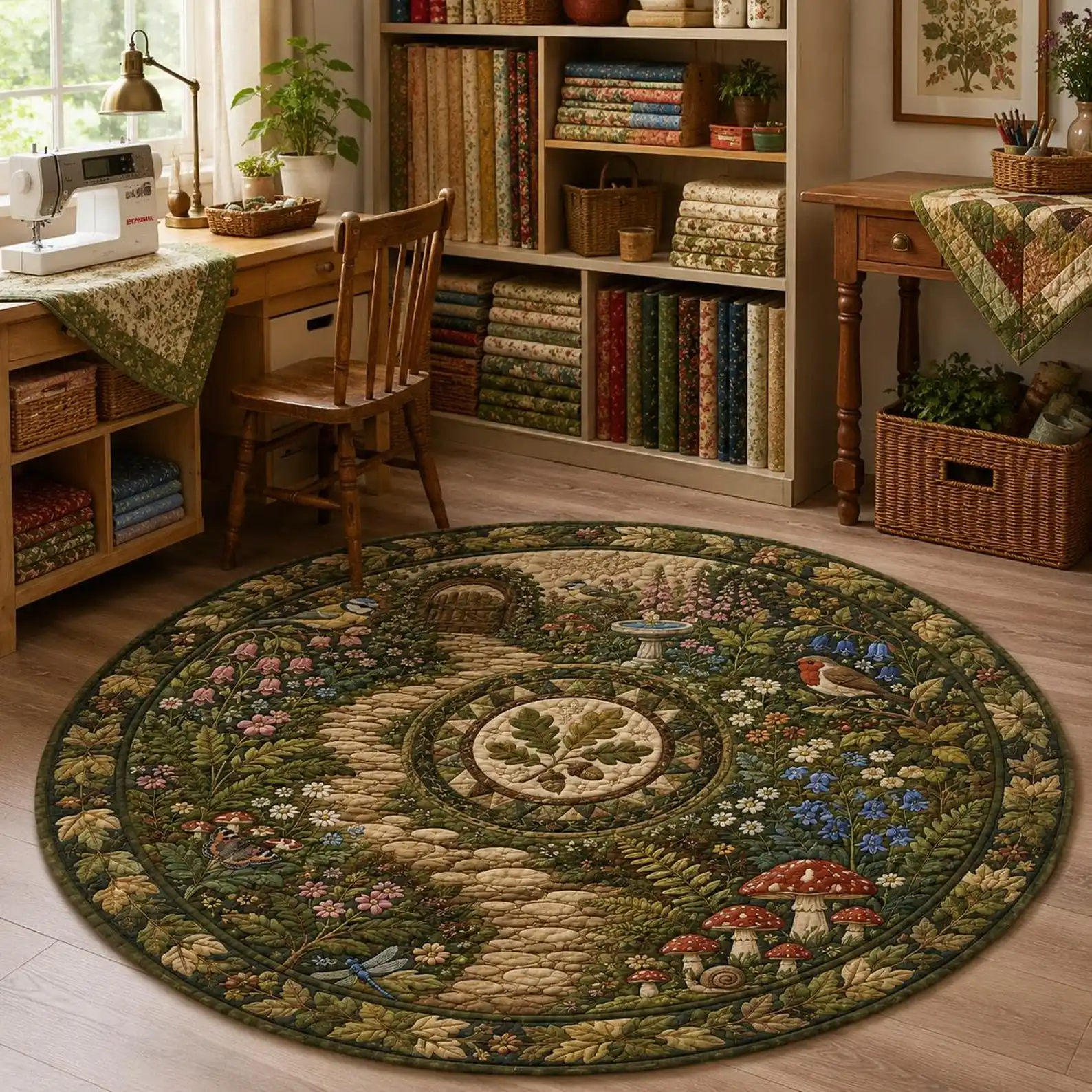 1PC mushroom bird plant pattern circular carpet, American pastoral style 2D flat printed carpet, home decoration, suitable for living room, bedside, bedroom, entrance Christmas floor mat