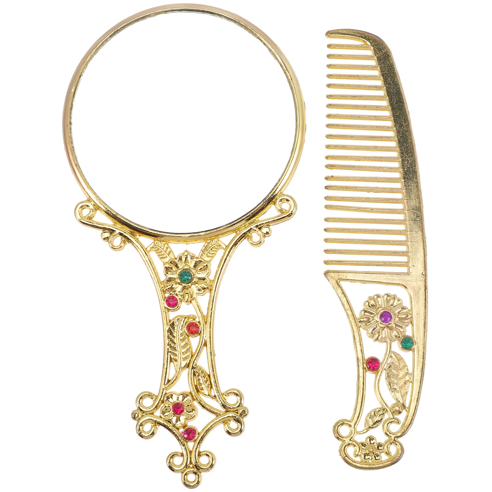 1セット ヴィンテージミラーコームセット クラシックコンパクトハンドミラー 装飾バニティセット ティーン向け 女性用 パーティー 旅行用