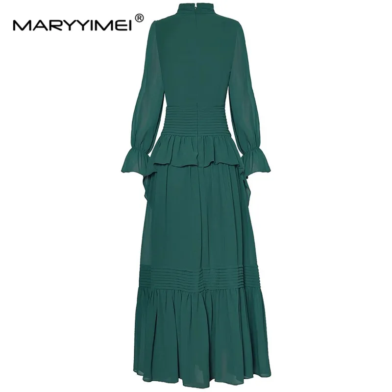 MARYYIMEI Fashion Women's 2024 Spring Stand-Up Collar Bow Flare Sleeve Pleated High-Waisted Flounced Edge Ball Gown Long Dress