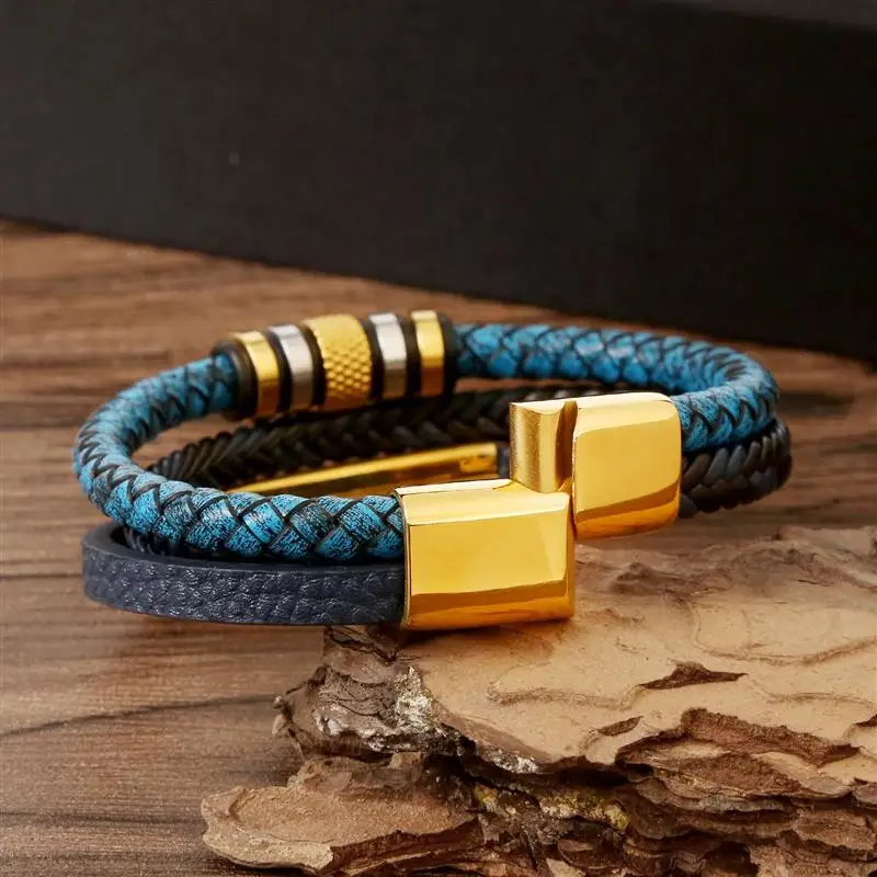 Fashion Bicycle Blue Handwoven Leather Bracelet Stainless Steel Clasp Multilayer Cufflinks Bracelet Men\'s Punk Rock Jewelry