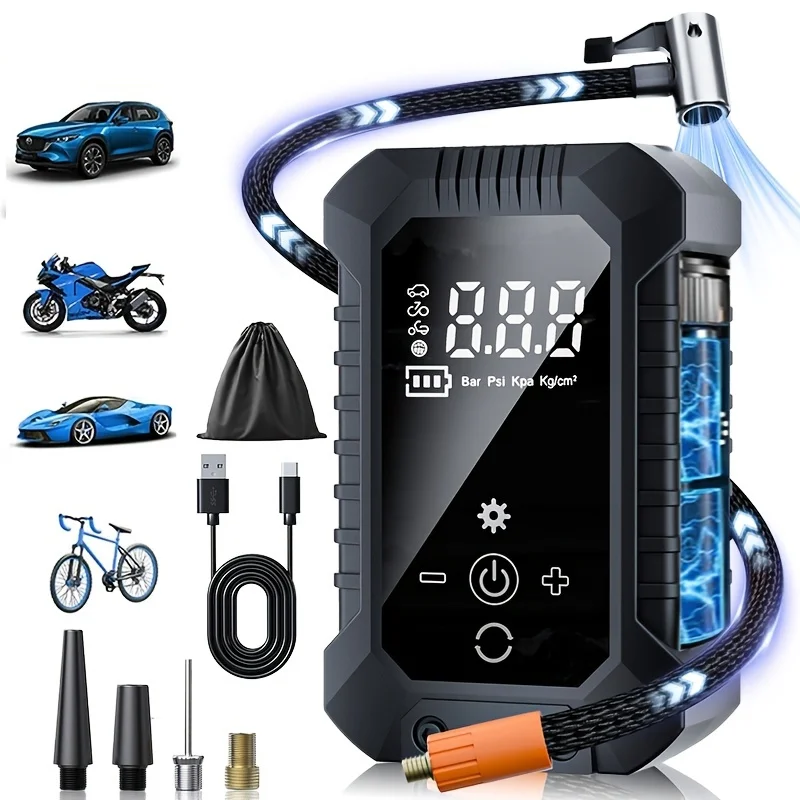 Wireless Portable Tire Inflator Air Compressor, 150Psi with Digital Display and Pressure Gauge, USB Rechargeable Air Compressor Pump, Compact Design with Precise Pressure Detection, Suitable for Cars, Motorcycles, Bicycles, Sports Balls