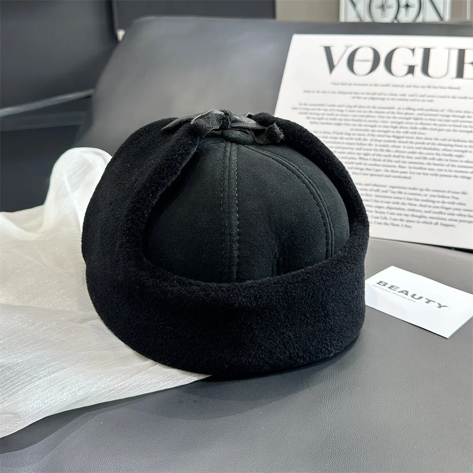 Neue Winter Herren Echtleder-Mütze mit Lammfell, Warme Dicke Ohrenklappe, Herren-Baseballkappe aus Schafsfell, Russische Mütze – Detail 17