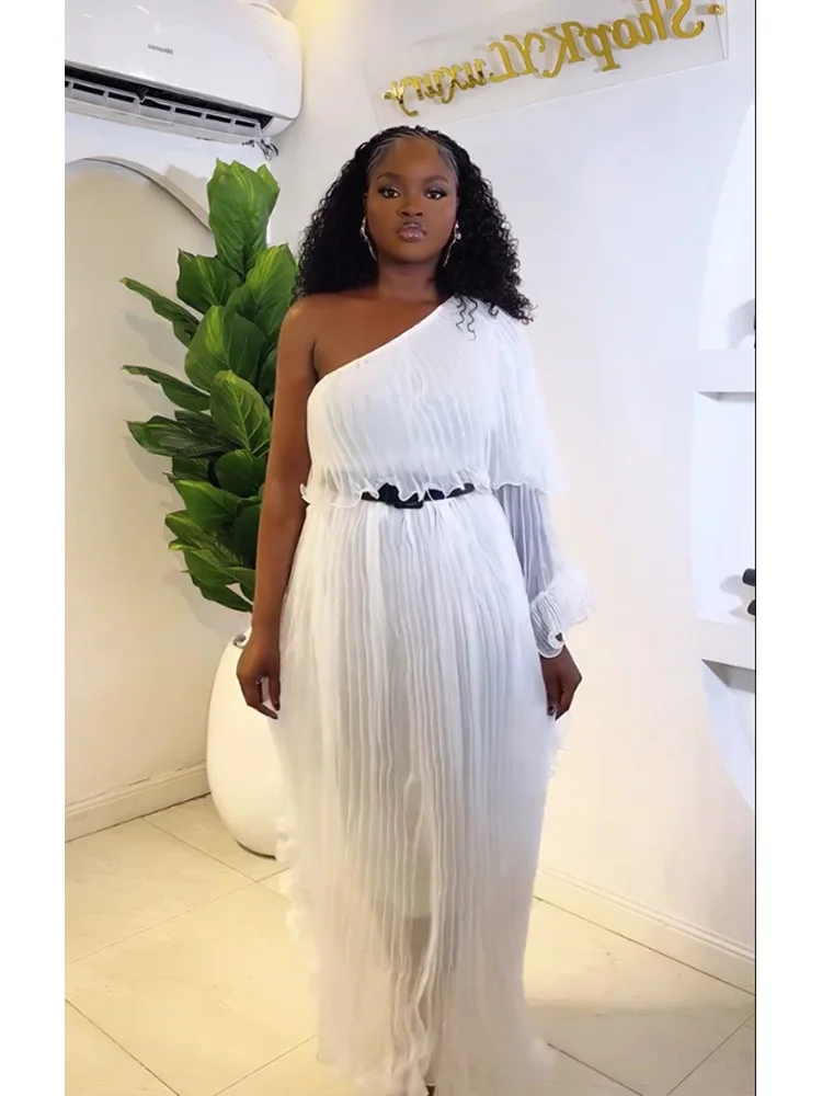 ANLAN مطوي طيات فستان سهرة الراقية مائل الكتف مأدبة حفلة المرأة فساتين طويلة تكدرت الألواح ‌   تصميم مقسم