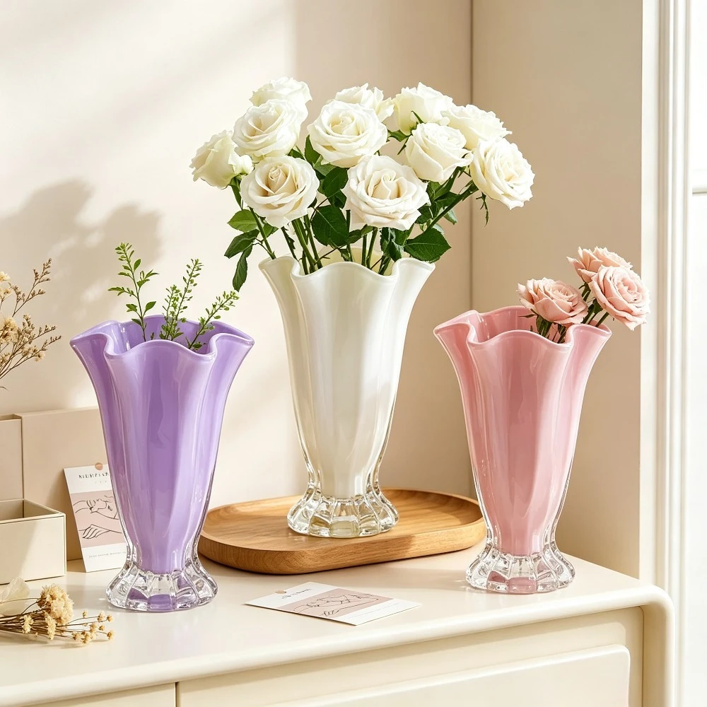 Colorful Wavy Rim Glass Vase Transparent Flower Container Modern Style Desktop Ornament Living Room Bedroom Home Decoration
