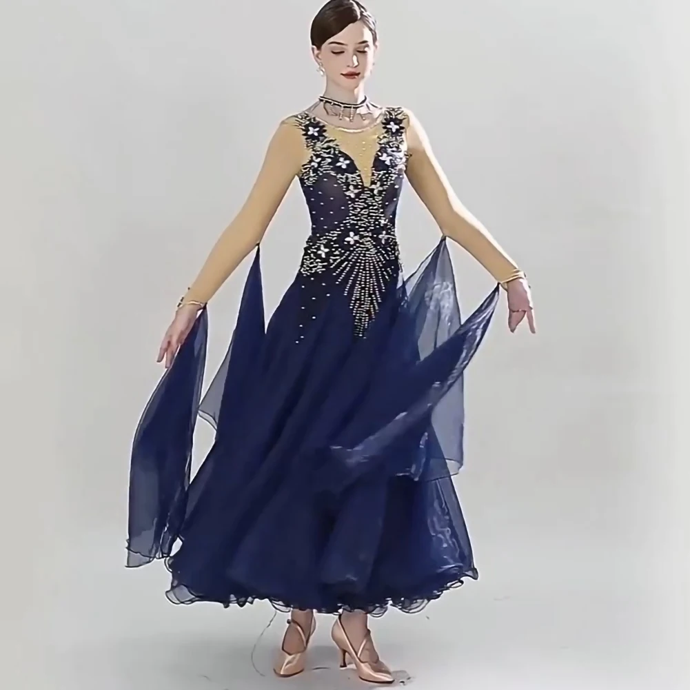 Falda de Flamenco para mujer, vestido de competición de vals de salón con cuello redondo, diamantes de imitación de alta calidad, práctica moderna, baile elegante rojo