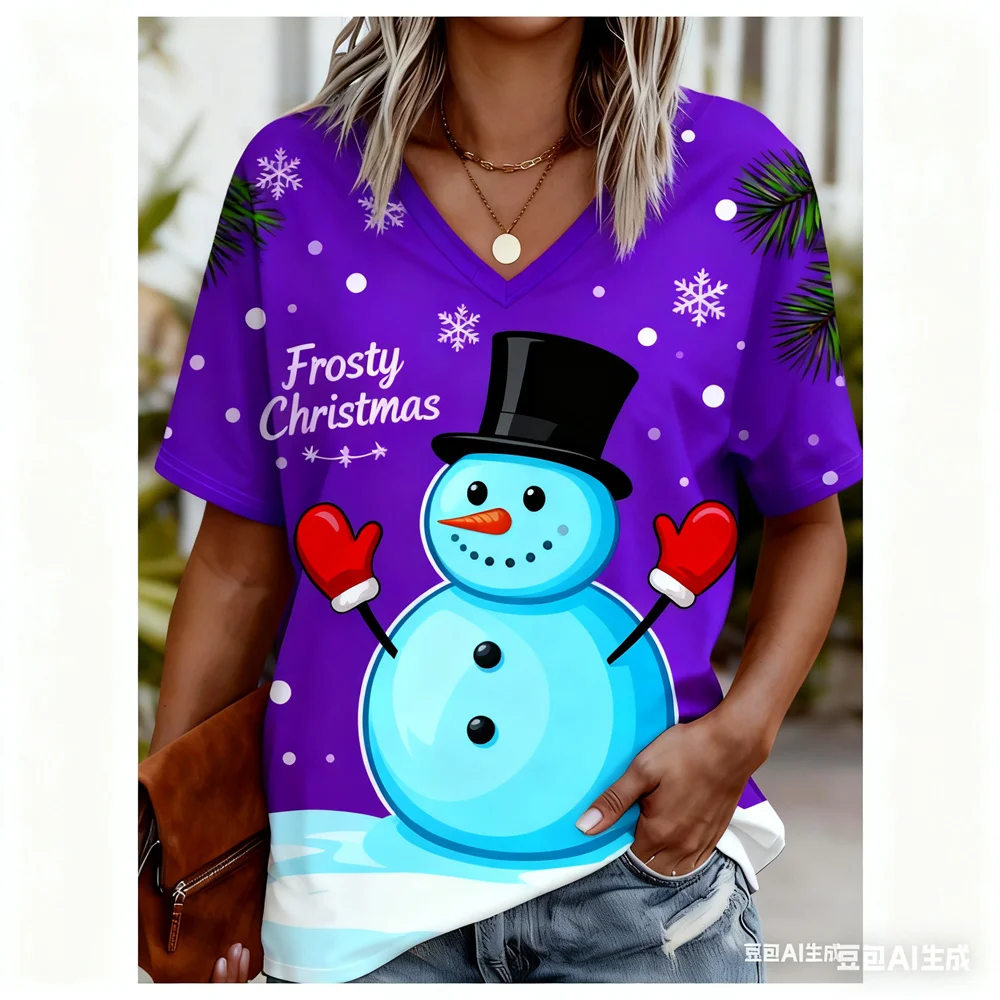 크리스마스 여성 티셔츠 3D 패턴 인쇄 v 넥 티셔츠 빠른 건조 새해 티셔츠 새로운 여성상의 여성용 y2k 의류