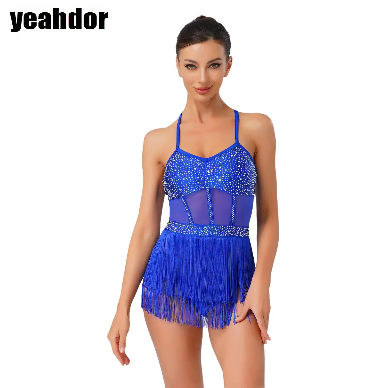 

Women Tassel Latin Dance Leotard Dress Sheer Mesh One Piece Fringe Bodysuit Rhinestone Skating Cha-cha Samba Tango Performance