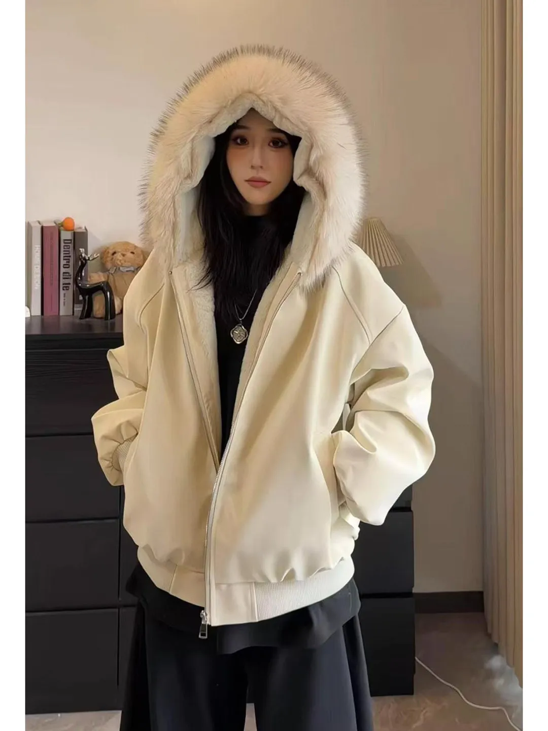 

Winter Thiened PU Leather Hooded Velvet Cotton Jaet Men's Warm Casual Cleanfit Long Sve Regular Length Pure Color Coat