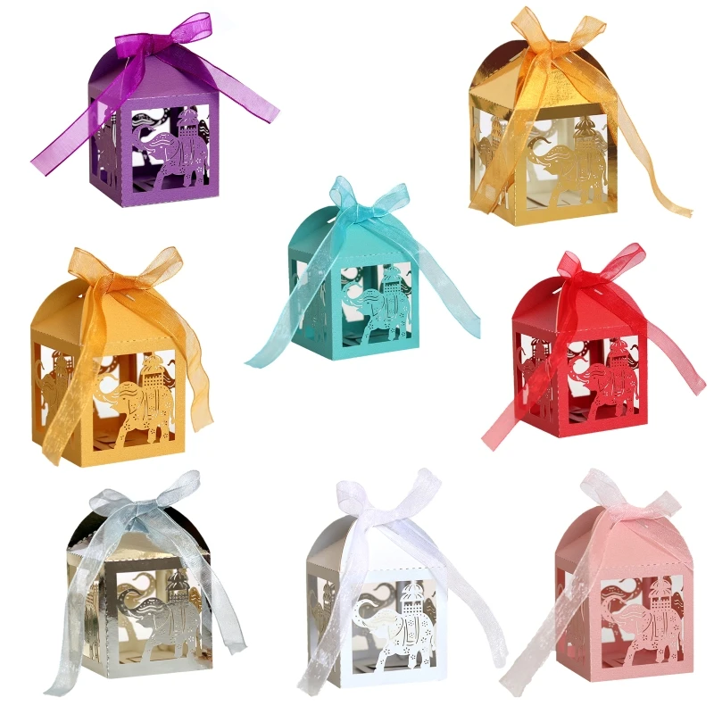 

50pcs Elephant Candy Boxes Wedding Party Favor Box Ribbons Chocolate Gift Boxes